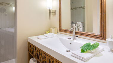 Margaritaville Resort Casino Standard Hotel Room bathroom shower and vanity