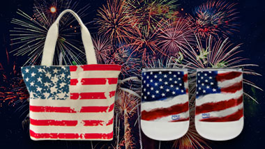 An American Flag tote and two American Flag tumblers.