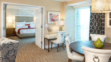 Margaritaville Resort Casino Luxury hotel suite view to bedroom