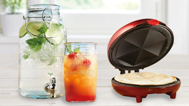 pitcher, glasses and quesadilla maker